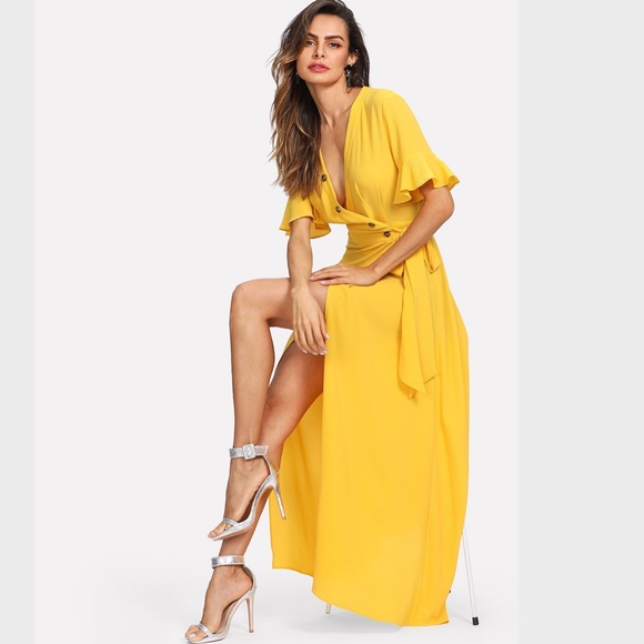 Rouge! Dresses & Skirts - Button Up V-Neck Maxi Wrap Dress Side Tie Yellow